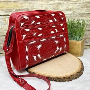 Artisan Red Floral Embossed Leather Hand Tooled Boho Purse Shoulder Bag Mexico